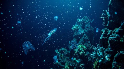 Obraz premium Jellyfish float gracefully through the deep blue ocean water near a vibrant underwater coral reef.