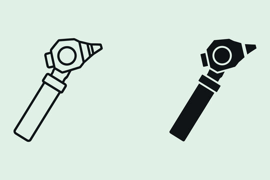 A set of two otoscope one in a linear outline style and the other as a solid black silhouette, representing medical ear examination tools for clinical and diagnostic healthcare applications
