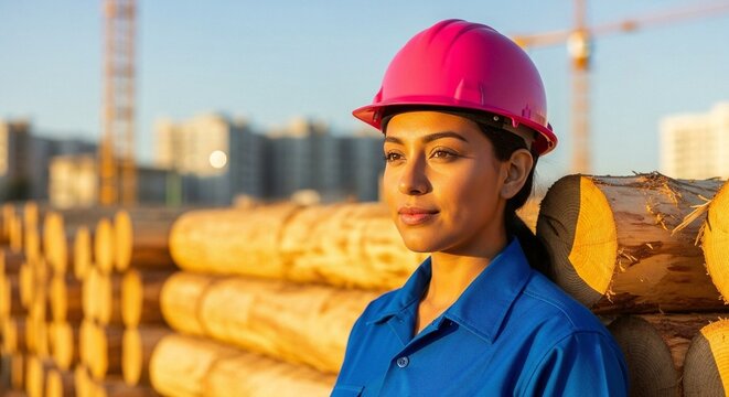 A female construction worker wearing a pink safety helmet at a construction site with logs and cranes in the background