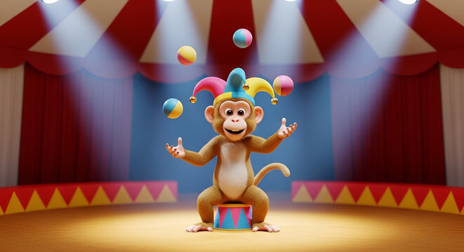 Funny circus monkey juggling colorful balls while sitting on a drum in a red and white big top tent 3D rendering