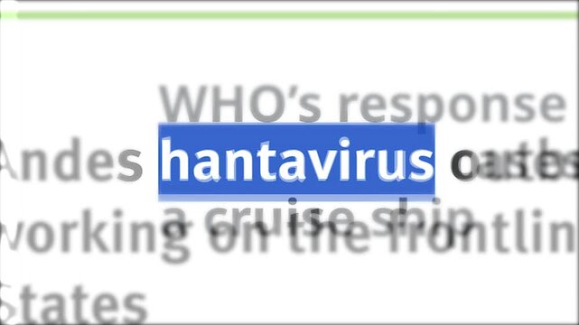 Close up of various online news articles and website headlines discussing hantavirus cases, medical research, infection symptoms, and public health safety measures