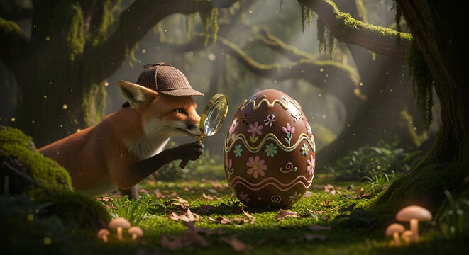 Fox detective inspecting chocolate Easter egg with magnifying glass in enchanted forest whimsical holiday scene Easter egg hunt concept
