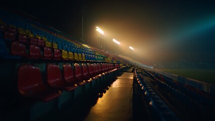Naklejka premium Empty colorful stadium seats at night under bright stadium lights with fog