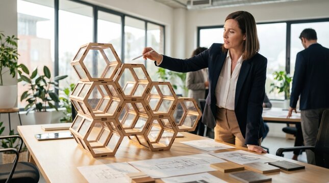 Female architect presenting a modular wooden honeycomb structure model in an office
