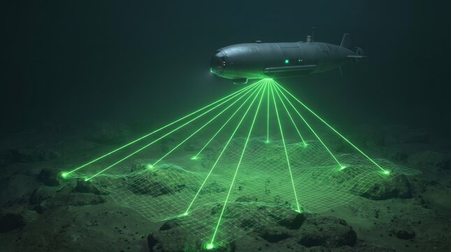 Autonomous underwater submarine vehicle scanning the seabed with green lasers