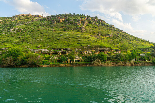 The scenic sunset views of the Rumkale, a ruined fortress on the Euphrates, located in the province of Gaziantep and 50 km west of Şanlıurfa, Turkey