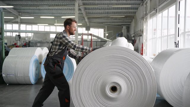 Factory worker pushing large polypropylene fabric roll
