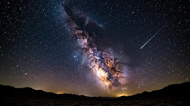 Cinematic Milky Way galaxy over dark mountain silhouette, shooting star falling through starry night sky, cosmic nebula and deep space background