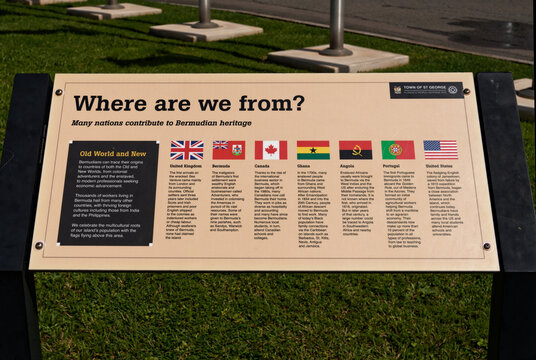 St. George's, Bermuda - April 18, 2026: Nations that contribute to Bermudian heritage, with their flags, on a sign in the Town of St George which is a UNESCO World Heritage Site.