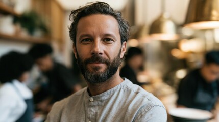 Fototapeta premium Portrait of a man with a beard and mustache. he is standing in a restaurant or cafe, with other people in the background.