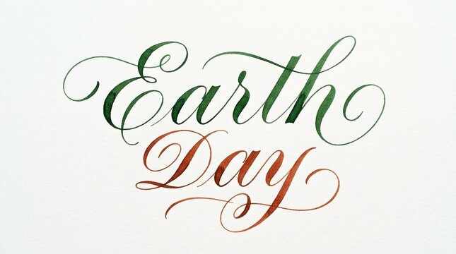 Elegant script text reading Earth Day in green and red colors on a light background