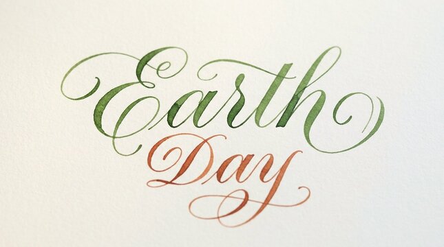 An elegant calligraphy art piece celebrating Earth Day with green and brown shades on a clean white background