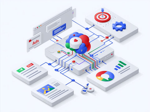Digital marketing tools connect through central network for online advertising tasks and analysis on various platforms in a modern layout