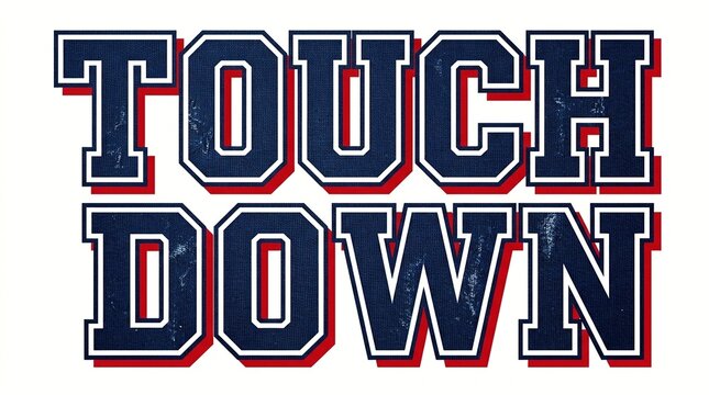 Vintage style text graphic with the words 'Touch Down' in bold red and blue lettering