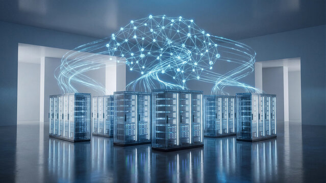 Cloud data center with connected server racks and glowing network brain for enterprise AI computing, secure infrastructure and digital storage technology concept