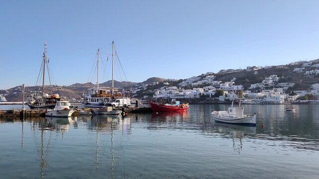 View of traditional fishing boats sway gently in the crystal-clear waters of Mykonos old port, casting perfect, shimmering reflections under the golden sunshine.