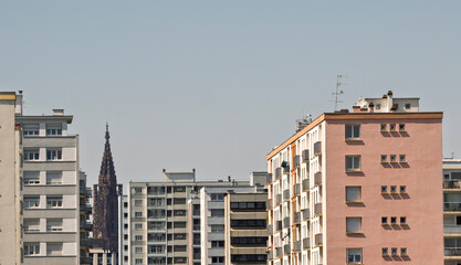 Social housing blocks, with Strasbourg Cathedral in the distance, France © C
