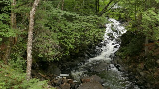 Iroquois Falls on a small river with rapids and a waterfalls along Sentier Iroquois, a hiking trail near Lac Simon in Duhamel, Quebec, Canada.
