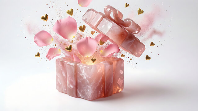 Cadeau quartz rose transparent avec ruban et p&eacute;tales de fleurs isol&eacute; sur fond transparent