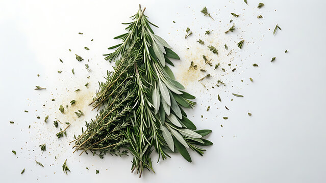 Branche de sapin faite d'aromates sur fond blanc avec aiguilles vertes et c&ocirc;nes blancs, sauge 