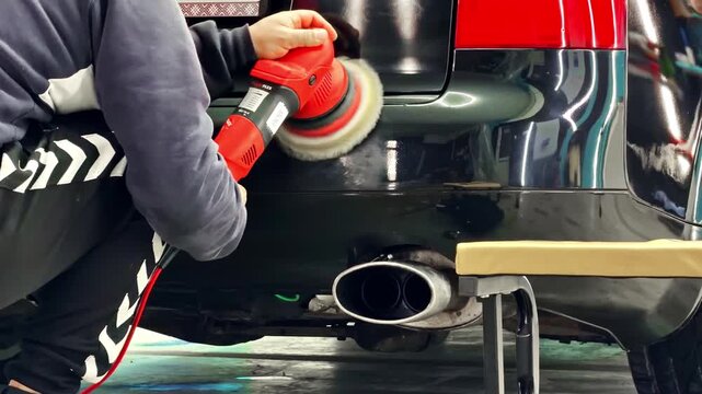 Worker uses electric polisher on rear car bumper in indoor garage detailing area