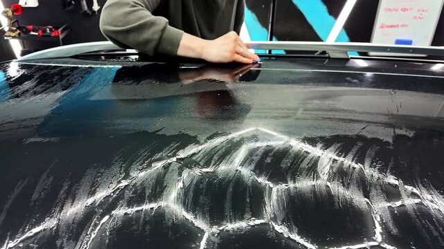 Professional auto detailer performing paint correction by claying a car's glossy black roof