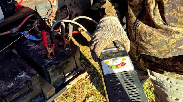 Technician working on battery and electrical system with tools in workshop setting