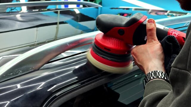 Person polishing car hood with electric buffer in automotive detailing process