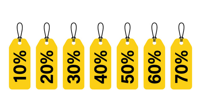 Deals in Numbers: A set of bright yellow sale tags, each displaying a different discount percentage from 10% to 70%, dangling invitingly.
