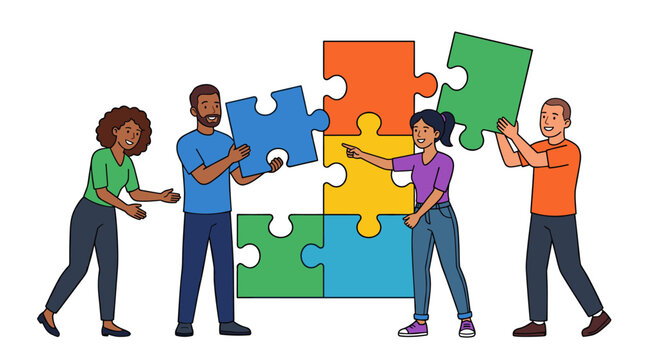 Puzzle of Partnership: An illustration showcasing a diverse group of individuals collaboratively connecting puzzle pieces.