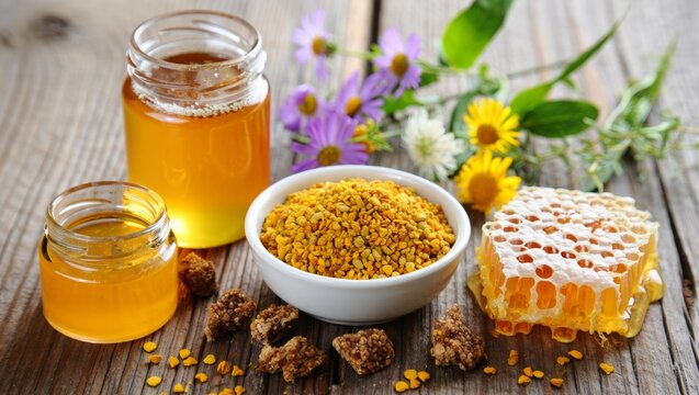 Natural bee products composition with liquid honey in jars, honeycomb piece, propolis, and bee pollen granules on rustic wood
