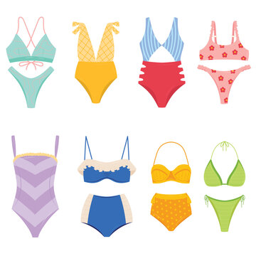 A collection of various stylish women's swimsuits including bikinis and monokinis in vibrant colors and patterns. Ideal for summer fashion, travel, and beach-related commercial designs.