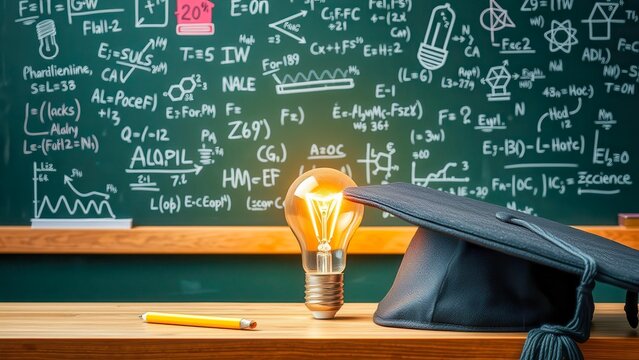 Light bulb with academic cap on the background of school board with formulas. Symbol of idea, education, achievements and innovations. Concept of science, inspiration and future.