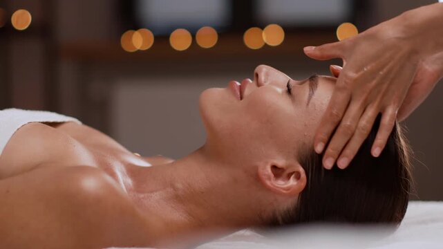 A woman with light skin receives a head massage in a spa setting. The atmosphere is warm with soft lighting. The focus is on the woman's peaceful expression and the therapist's gentle touch.
