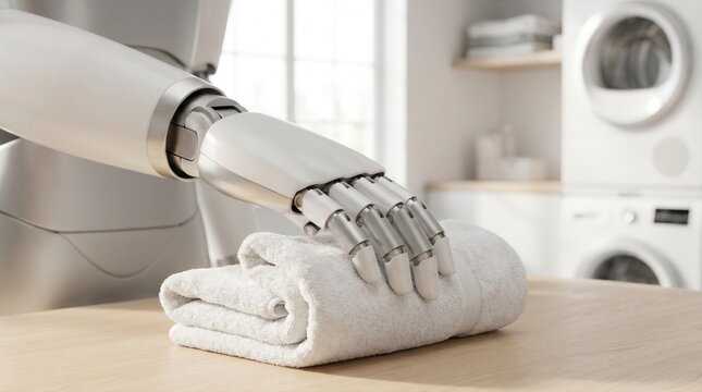 White humanoid robotic hand folding a clean white towel on a table in a laundry room