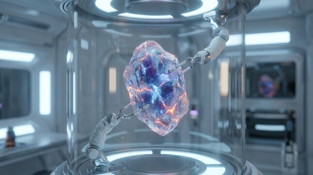 Robotic arms holding a glowing purple and orange crystal inside a futuristic glass containment chamber