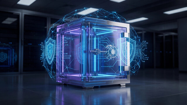 Futuristic secure server vault with holographic shield interface for cybersecurity, encrypted data protection and enterprise infrastructure defense system concept