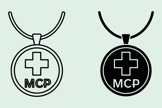 Two medical alert necklace pendants featuring a cross symbol and the letters mcp, presented in both outline and solid black styles on a light green background