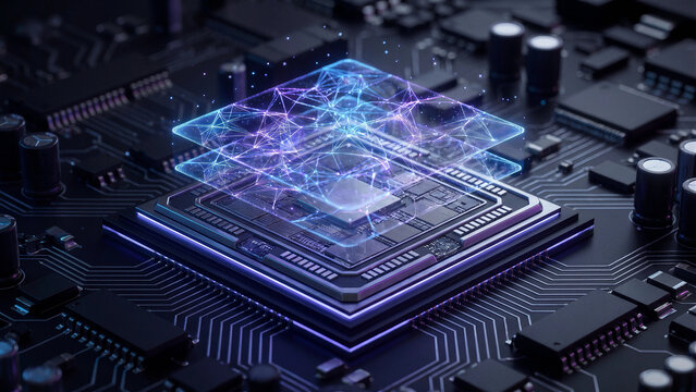 Advanced AI processor on circuit board with glowing neural network for machine learning, semiconductor innovation and high performance computing technology concept