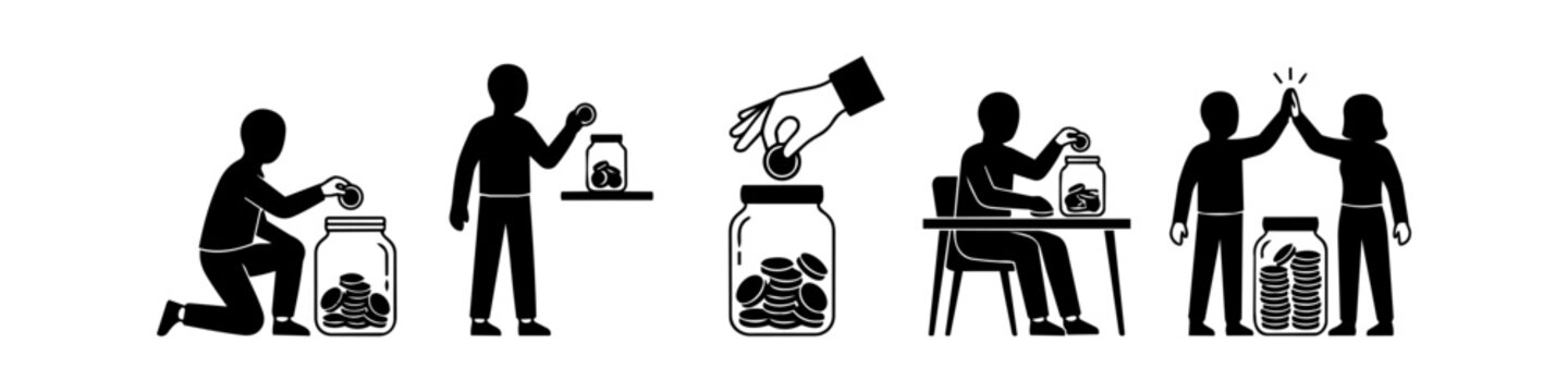 A set of five black and white icons representing digital success: mobile feedback, verified computer screen, data growth chart, new email notification, and a celebratory website window.