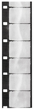 Black and white printed 16mm film strip texture on paper with vintage analog cinema aesthetic. High contrast sprocket holes, distressed frame borders, and retro print effect.