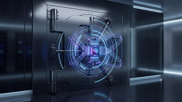 Futuristic AI security vault with glowing neural chip, cyber protection concept, dark metallic technology background for fintech, data privacy and digital innovation design