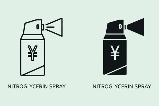 Two minimalist of a nitroglycerin spray bottle featuring a japanese yen currency symbol, presented in both outline and solid black styles on a light green background