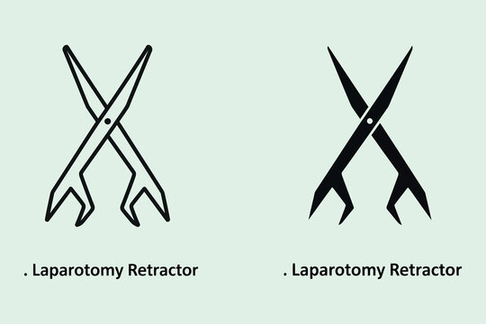 Two styles of laparotomy retractor featuring both outlined and solid black medical instrument for surgical procedures, isolated on a light green background for clear visualization