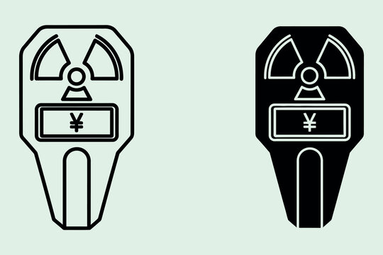 Two stylized of a radiation detector or geiger counter featuring a japanese yen currency symbol, presented in both outline and solid black silhouette styles on a light green background