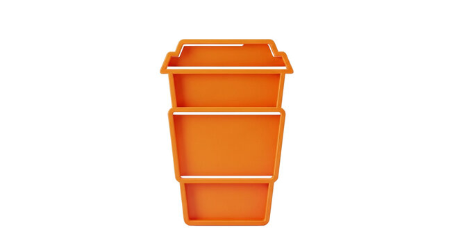 Three stacked orange plastic bins with white edges on transparent background