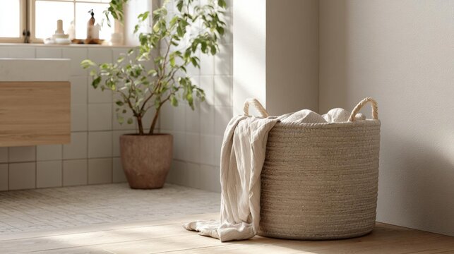 Modern bathroom with a large window on the left side and a wooden vanity on the right side. the walls are painted in a light beige color and the floor is made of light-colored tiles.