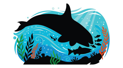 Orca whale silhouette with school of fish in underwater scene © Sakilcreative 