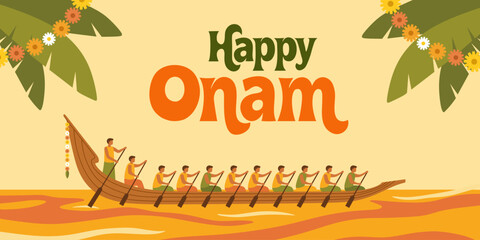 Happy Onam greeting card with illustration of men rowing long boat in snake boat race. Traditional Kerala festival celebration, cultural heritage event, colorful vector design. © Helena