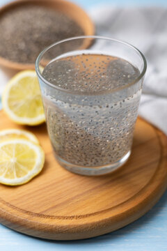 Preparing Chia Gel For Drinks. Suspended Chia Seeds In Water With Gel Formation Captured Visually